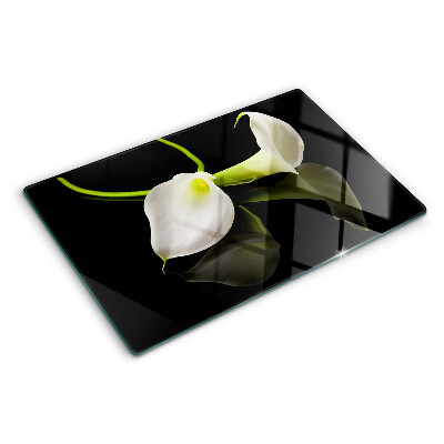 Schneidebrett Glas mit Lilienmotiv auf schwarzem Hintergrund