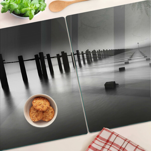 Schneidebrett Glas mit Motiv der Seebrücke in Schwarzweiß