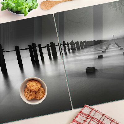 Schneidebrett Glas mit Motiv der Seebrücke in Schwarzweiß