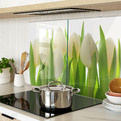 Schneidebrett Glas mit Motiv Tulpen vor grünen Blättern