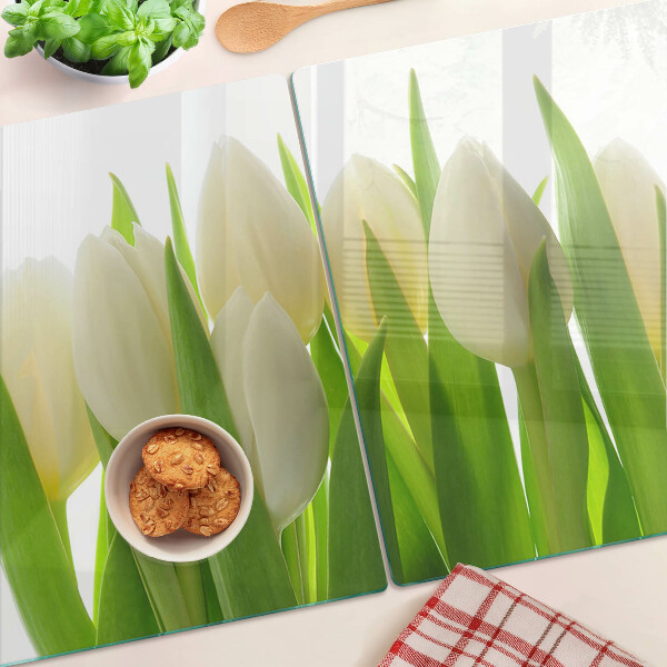 Schneidebrett Glas mit Motiv Tulpen vor grünen Blättern