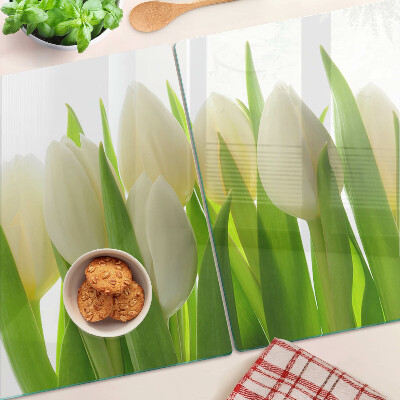 Schneidebrett Glas mit Motiv Tulpen vor grünen Blättern