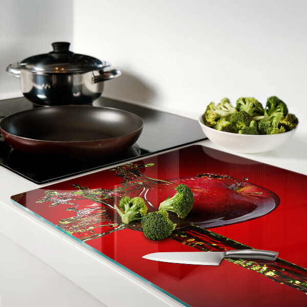 Glas-Schneidebrett mit Motiv roter Apfel und Wasserspritzern