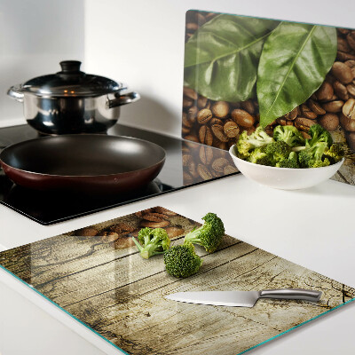 Schneidebrett Glas mit Motiv aus Kaffeebohnen und Blättern