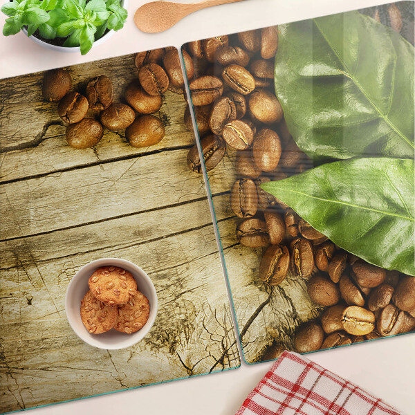 Schneidebrett Glas mit Motiv aus Kaffeebohnen und Blättern