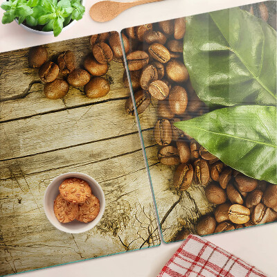 Schneidebrett Glas mit Motiv aus Kaffeebohnen und Blättern