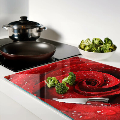 Schneidebrett Glas mit Motiv einer roten Rose und Wassertropfen