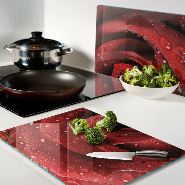 Schneidebrett Glas mit Motiv einer roten Rose und Wassertropfen
