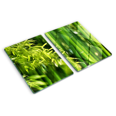 Schneidebrett Glas mit Motiv aus Bambusblättern und grünem Laub