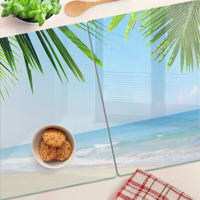 Schneidebrett Glas mit Motiv eines tropischen Strandes mit Palmen