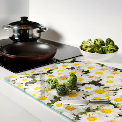 Glas schneidebrett Gänseblümchen auf weißem Hintergrund