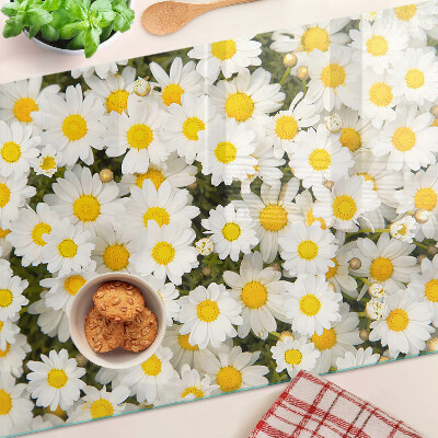 Glas schneidebrett Gänseblümchen auf weißem Hintergrund
