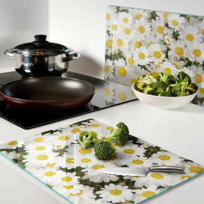 Glas Schneidebrett mit Gänseblümchen auf weißem Hintergrund