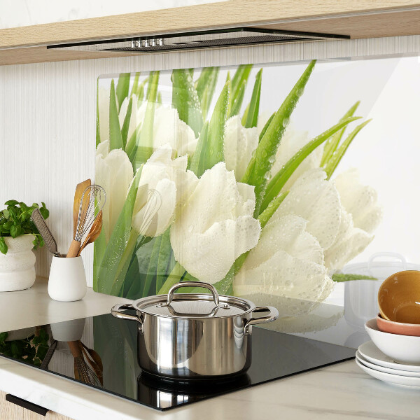 Glas-Schneidebrett mit Tulpenmotiv und Wassertropfen