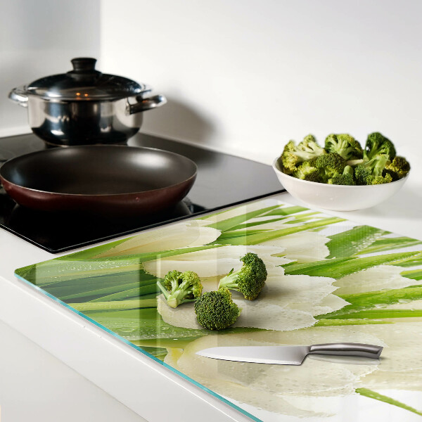 Glas schneidebrett Tulpen in Wassertropfen