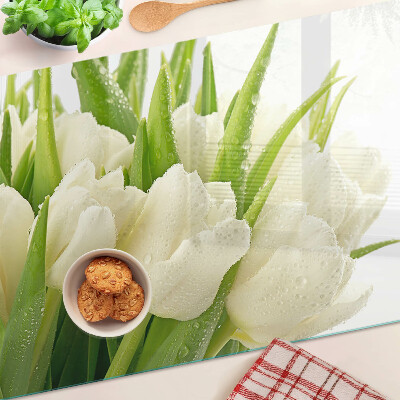 Glas-Schneidebrett mit Tulpenmotiv und Wassertropfen