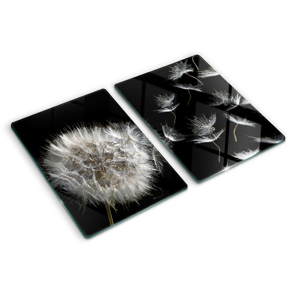 Schneidebrett glas Löwenzahn auf schwarzem Hintergrund