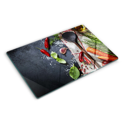 Glas-Schneidebrett mit Küchengewürz- und Gemüsemotiv