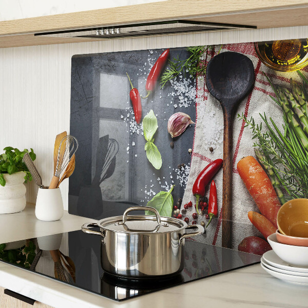 Glas-Schneidebrett mit Küchengewürz- und Gemüsemotiv