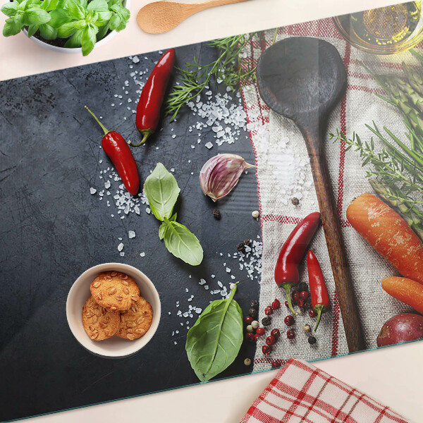 Glas-Schneidebrett mit Küchengewürz- und Gemüsemotiv