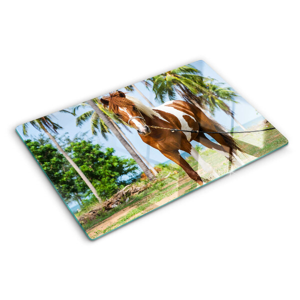 Schneidebrett Glas mit Motiv eines Pferdes vor Palmen im Hintergrund
