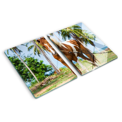 Schneidebrett Glas mit Motiv eines Pferdes vor Palmen im Hintergrund