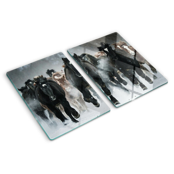 Glas-Schneidebrett mit Motiv galoppierender Pferde im Nebel