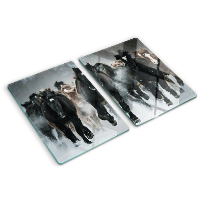 Glas-Schneidebrett mit Motiv galoppierender Pferde im Nebel