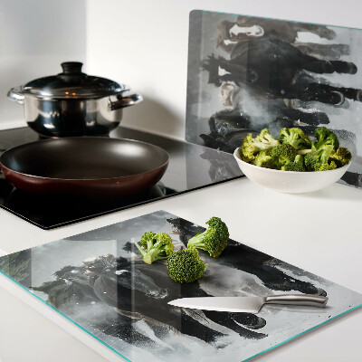 Glas-Schneidebrett mit Motiv galoppierender Pferde im Nebel