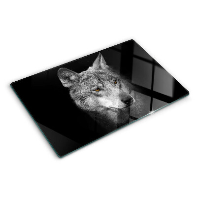 Schneidebrett Glas mit einem Motiv eines Wolfes in Grautönen