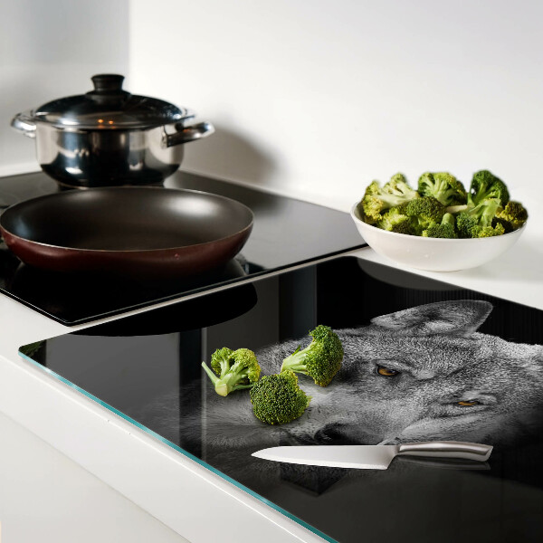 Schneidebrett Glas mit einem Motiv eines Wolfes in Grautönen