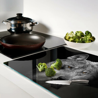 Schneidebrett Glas mit einem Motiv eines Wolfes in Grautönen