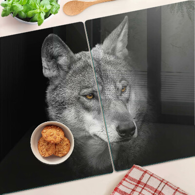 Schneidebrett Glas mit einem Motiv eines Wolfes in Grautönen
