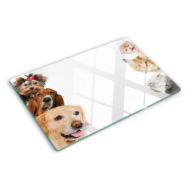 Glas Schneidebrett mit Motiven von Hunden und Katzen in verschiedenen Posen