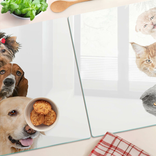 Glas Schneidebrett mit Motiven von Hunden und Katzen in verschiedenen Posen