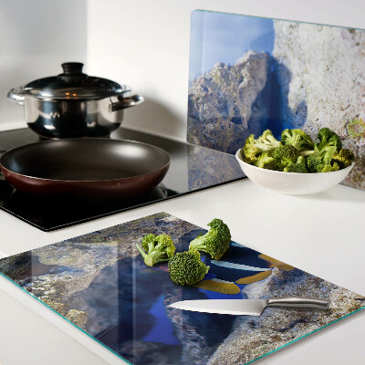 Glas-Schneidebrett mit einem Motiv von Fischen in einem Korallenriff