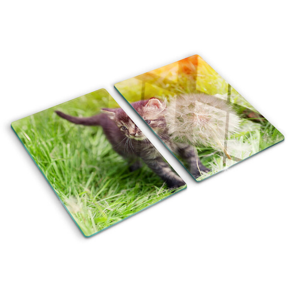 Glas-Schneidebrett mit Motiv einer Katze auf dem Rasen