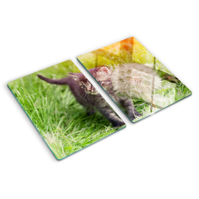Glas-Schneidebrett mit Motiv einer Katze auf dem Rasen