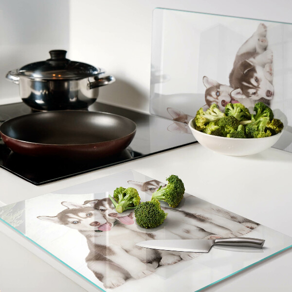 Glas-Schneidebrett mit Husky-Welpen-Motiv