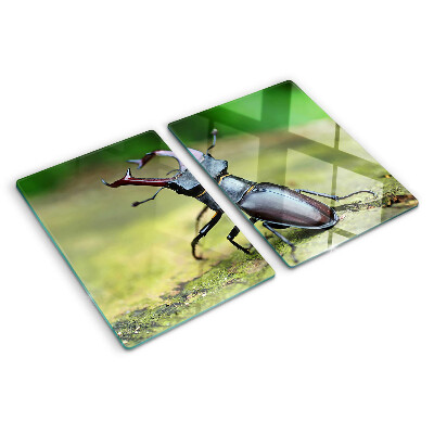 Schneidebrett Glas mit Hirschkäfer-Motiv auf grünem Hintergrund