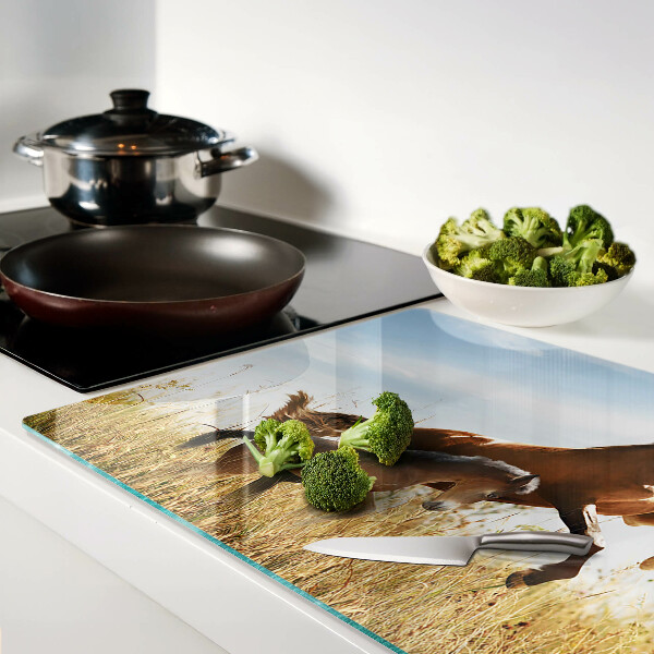 Schneidebrett Glas mit einem Motiv von Pferden auf einer sonnigen Wiese