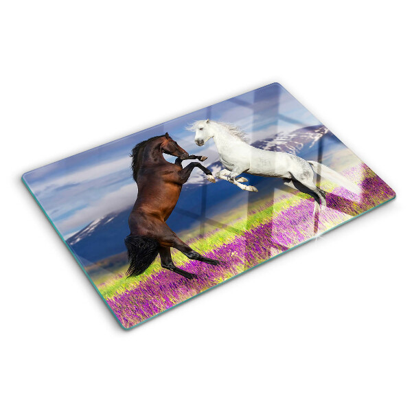 Schneidebrett Glas mit Motiv von Pferden vor einer Berg- und Blumenkulisse