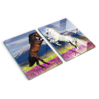 Schneidebrett Glas mit Motiv von Pferden vor einer Berg- und Blumenkulisse