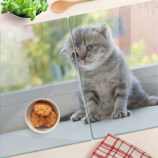 Schneidebrett Glas mit Motiv eines Kätzchens auf der Fensterbank