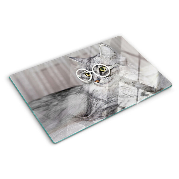 Schneidebrett Glas mit Motiv einer Katze mit Brille