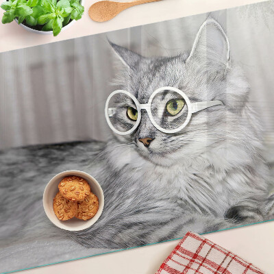 Schneidebrett Glas mit Motiv einer Katze mit Brille