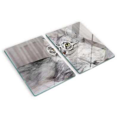Schneidebrett Glas mit Motiv einer Katze mit Brille