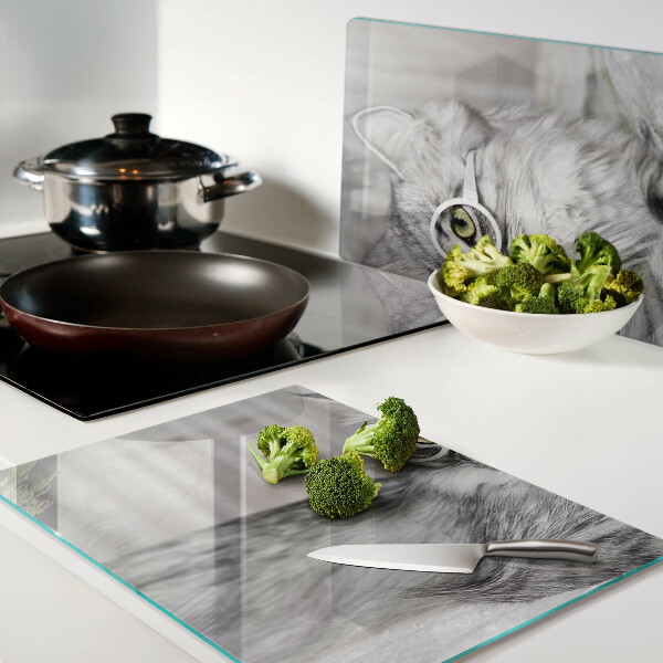 Schneidebrett Glas mit Motiv einer Katze mit Brille