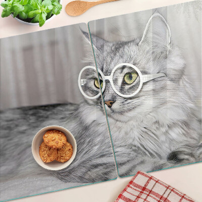 Schneidebrett Glas mit Motiv einer Katze mit Brille