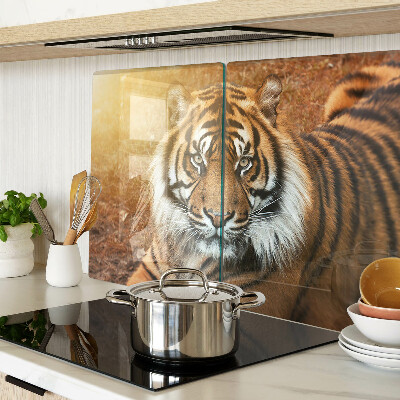 Glas-Schneidebrett mit Motiv „Tiger in den Sonnenstrahlen“